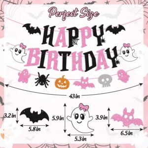 Halloween Happy Birthday Banner Hallows Bday Decoration Ghost Spider Bat Spooky Boo Horror Theme Halloween Eve Party Event Celebration Anniversary Decor for Girls Women Lady Glitter Black Pink