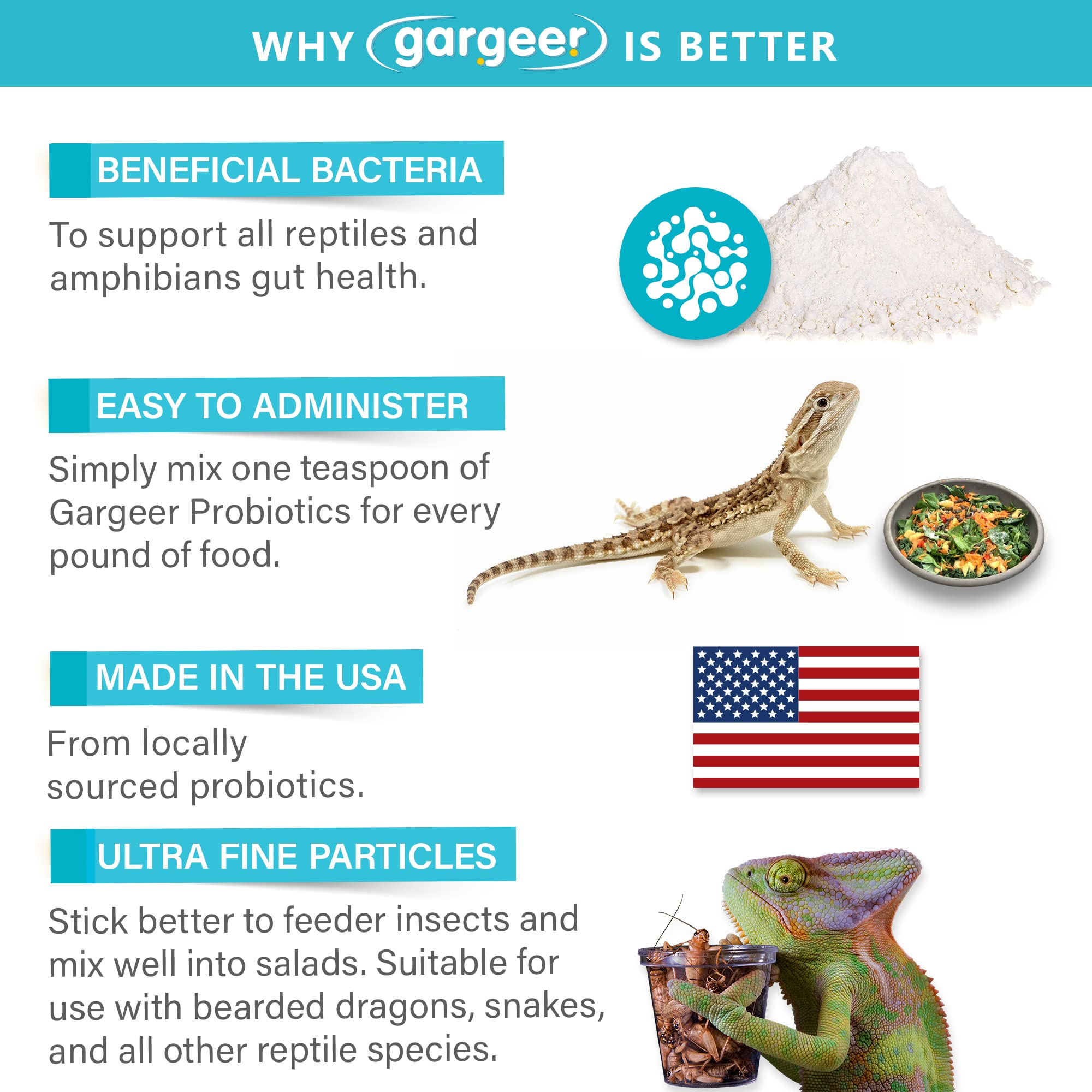 Gargeer Reptile Probiotics. Improve Appetite, Digestion and Boost Immune System. Supplement 10-12 Pounds of Food with Our 2 Oz Bag. Enjoy!