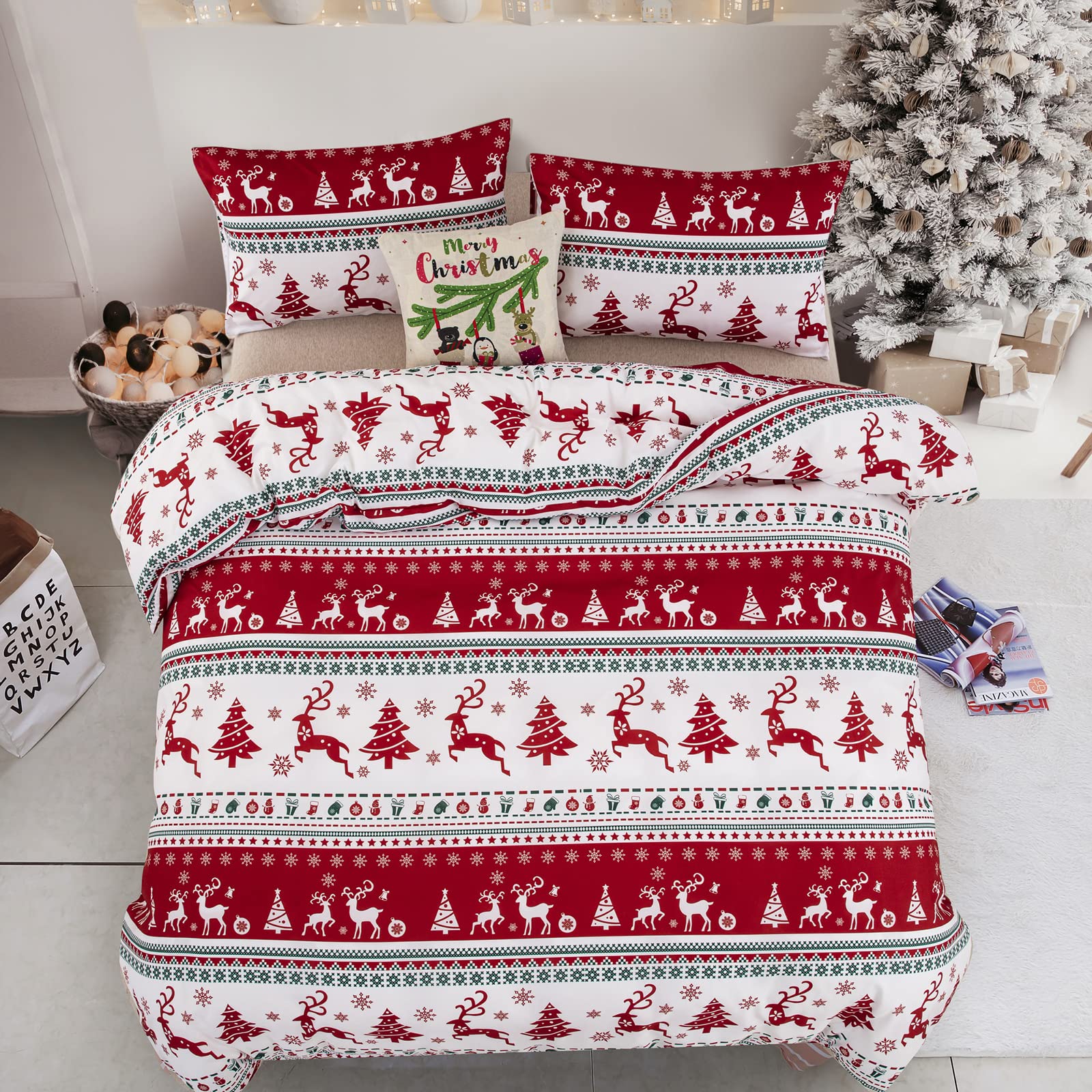 Dobuyly Christmas Duvet Cover Set Queen Reversible Christmas Tree Reindeer Boho Bedding Set 3 Pieces Soft Microfiber Comforter Cover for Bedroom Decor