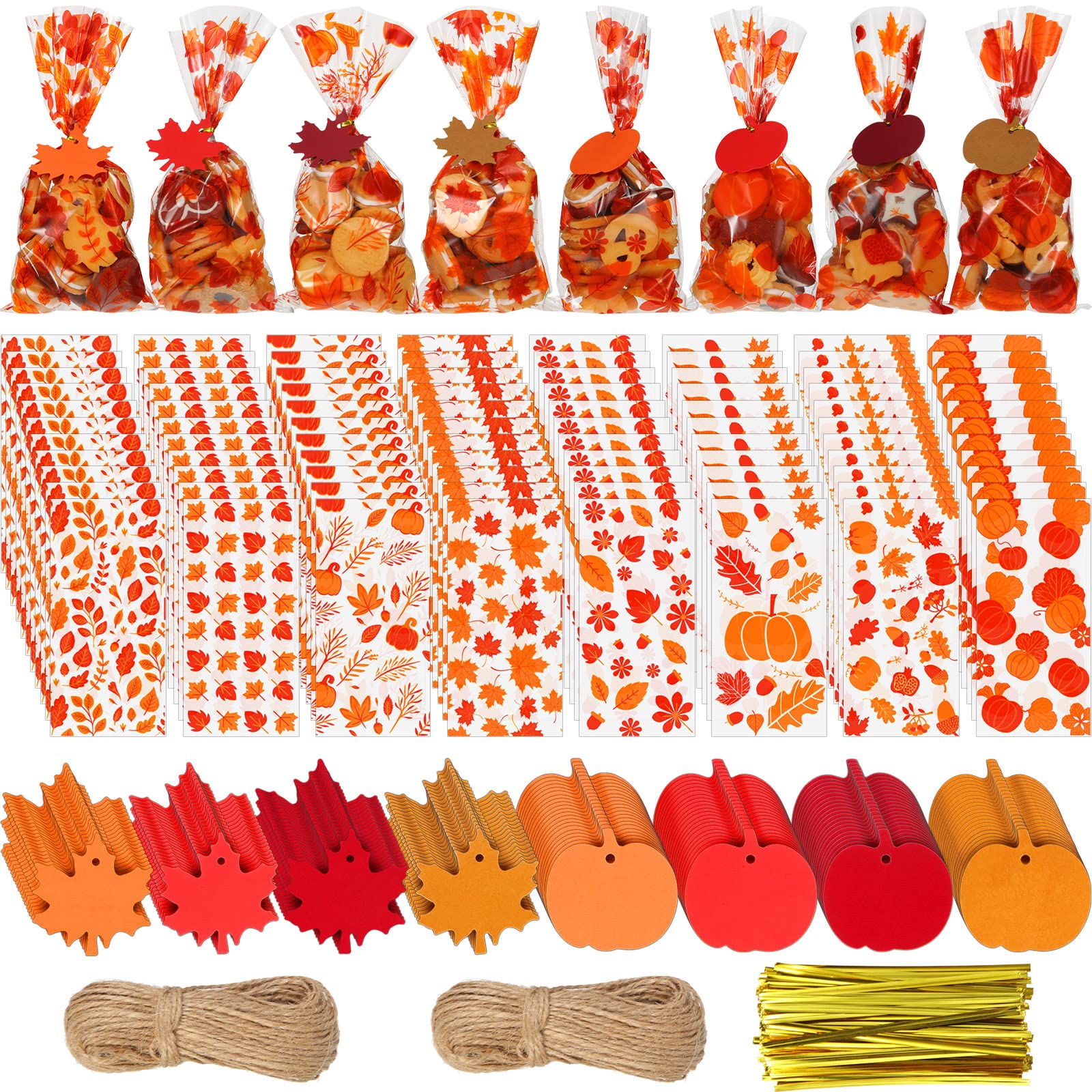 Remerry 600 Pcs Fall Cellophane Treat Bags Thanksgiving Candy Bags Fall Goodie Bags Maple Leaf Pumpkin Bags with Pumpkin Maple Leaf Tags Gold Twist Tie Twine Autumn Party Supplies