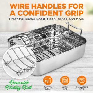 NutriChef 14-Inch Stainless Steel Kitchen Roasting Pan with Polished Wire Rack - Versatile Baking Set for Turkey, Chicken, Meats, & More - Premium & Heavy Duty Roaster for Oven w/ Built-In Handles