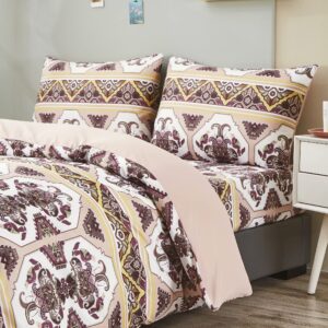 DaDa Bedding Southwestern Duvet Cover Set - Blush Pink, Kilim & Tribal Design - Includes Matching Pillowcases - Persian-Inspired, Ornate Traditional Print - Queen - 3-Pieces