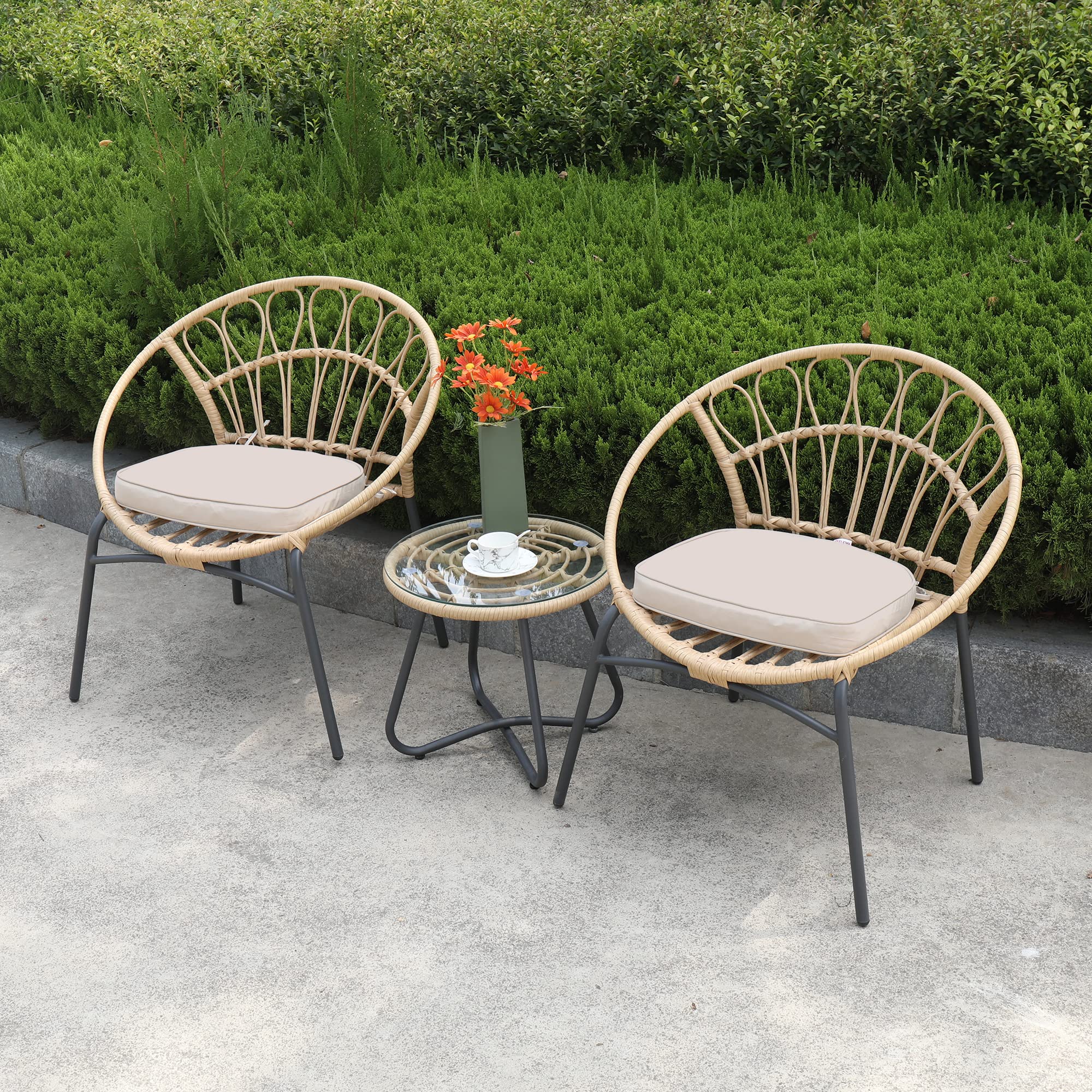 RACE LEAF Patio Seat Cushions 16"x17"x2" Round Corner - Set of 2, Beige - Indoor/Outdoor Chair Cushions with Invisible Zipper, Water-Resistant Chair Seat Cushion with Ties for Non-Slip Support