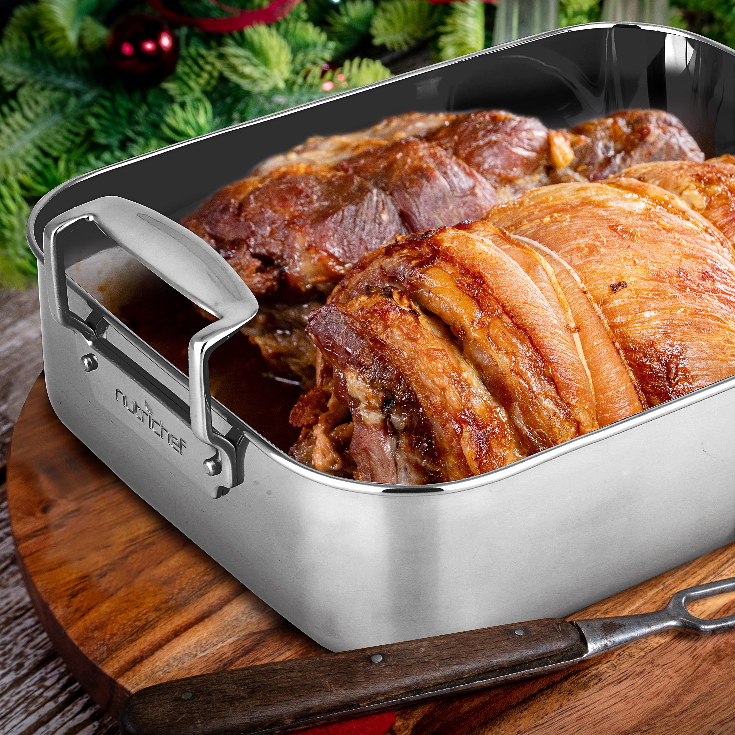 NutriChef 14-Inch Stainless Steel Kitchen Roasting Pan with Polished Wire Rack - Versatile Baking Set for Turkey, Chicken, Meats, & More - Premium & Heavy Duty Roaster for Oven w/ Built-In Handles