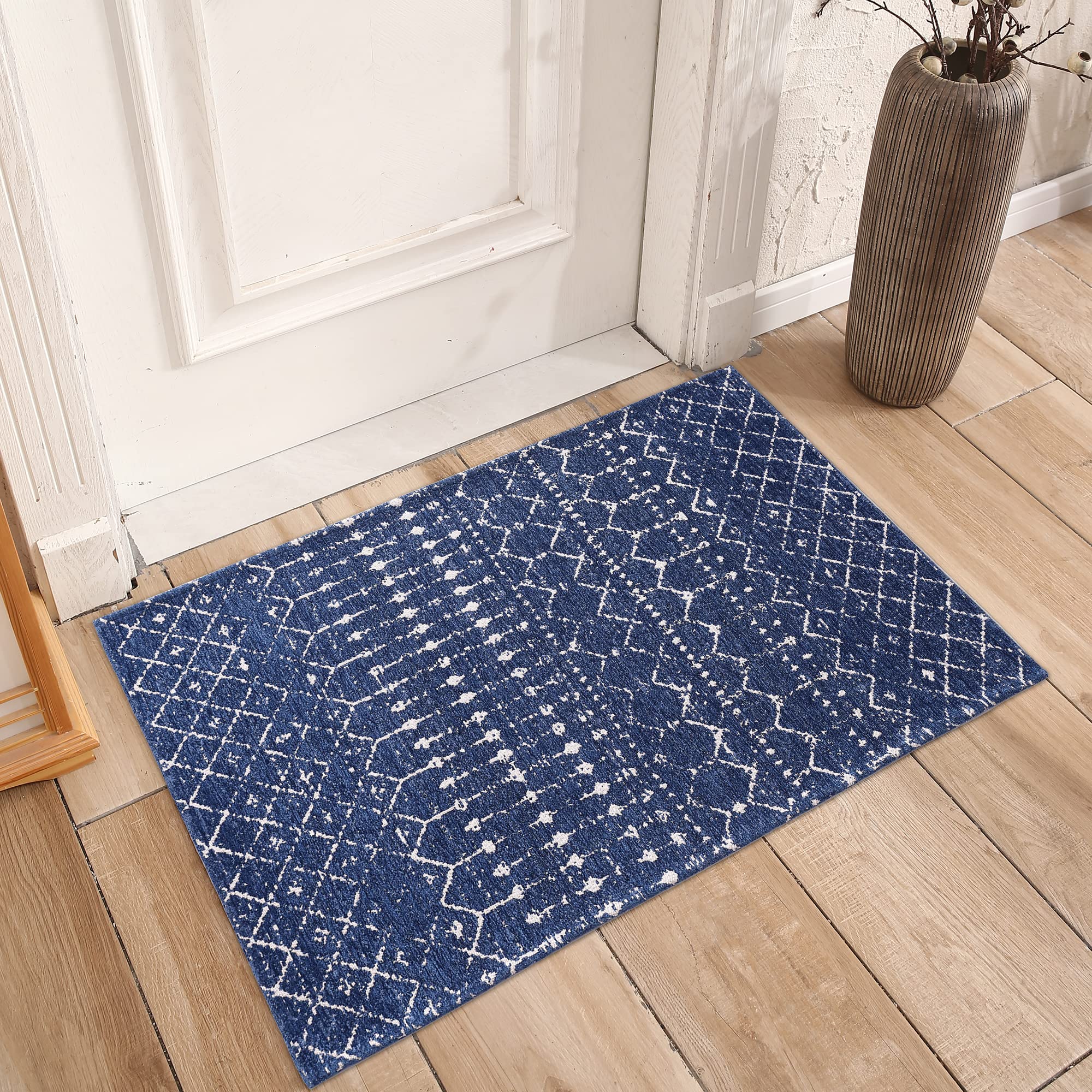 AMIDA Indoor Door Mat 2'x3' Non-Slip Floor Mats Entryway Rug,Boho Geometric Washable Dirt Trapper Flat Woven Area Rug for Inside Outside Entry/Patio/Garage/Kitchen/Laundry/Shoes Mat,Dark Blue