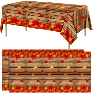 durony 2 pack autumn plastic tablecloths fall maple leaves table cloth waterproof thanksgiving party table covers wood grain tablecloths for harvest fall parties decor, 54 x 108 inches