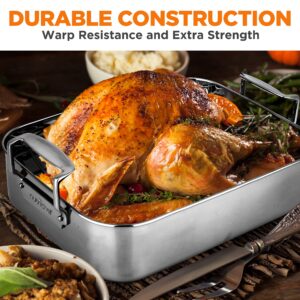 NutriChef 14-Inch Stainless Steel Kitchen Roasting Pan with Polished Wire Rack - Versatile Baking Set for Turkey, Chicken, Meats, & More - Premium & Heavy Duty Roaster for Oven w/ Built-In Handles