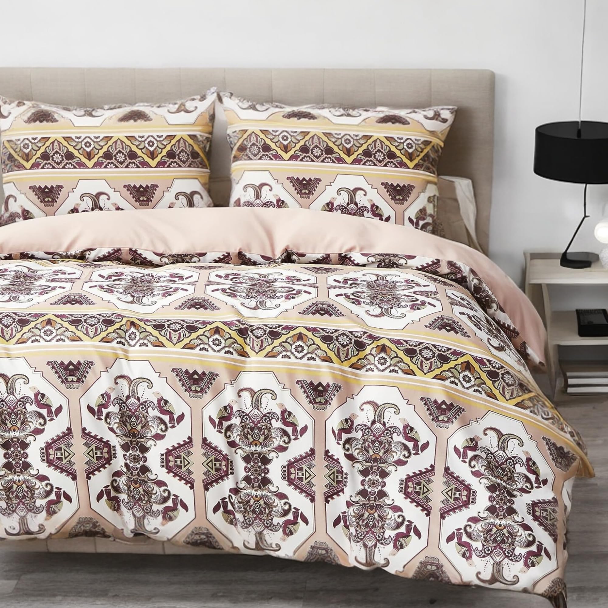 DaDa Bedding Southwestern Duvet Cover Set - Blush Pink, Kilim & Tribal Design - Includes Matching Pillowcases - Persian-Inspired, Ornate Traditional Print - Queen - 3-Pieces