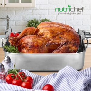 NutriChef 14-Inch Stainless Steel Kitchen Roasting Pan with Polished Wire Rack - Versatile Baking Set for Turkey, Chicken, Meats, & More - Premium & Heavy Duty Roaster for Oven w/ Built-In Handles