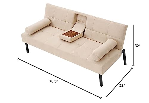 Panana Luckycloud Modern Couch Sofa 3-Seater Upholstered Fabric Sofa for Small Living Room, Dorm, Small Spaces (Beige Sofa Bed with Cup Holder)