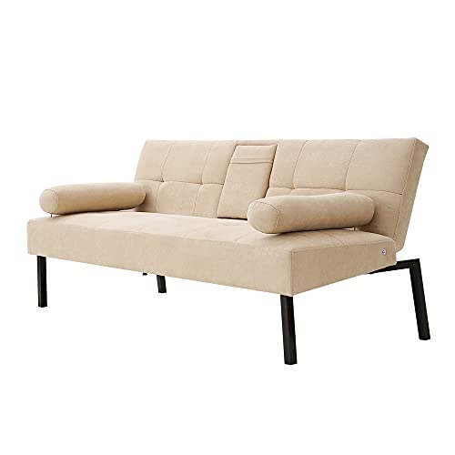 Panana Luckycloud Modern Couch Sofa 3-Seater Upholstered Fabric Sofa for Small Living Room, Dorm, Small Spaces (Beige Sofa Bed with Cup Holder)