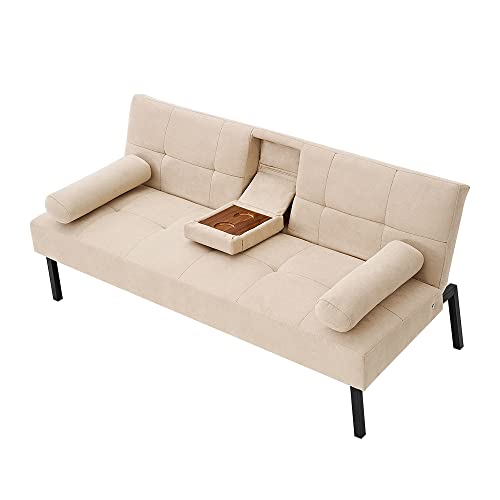 Panana Luckycloud Modern Couch Sofa 3-Seater Upholstered Fabric Sofa for Small Living Room, Dorm, Small Spaces (Beige Sofa Bed with Cup Holder)