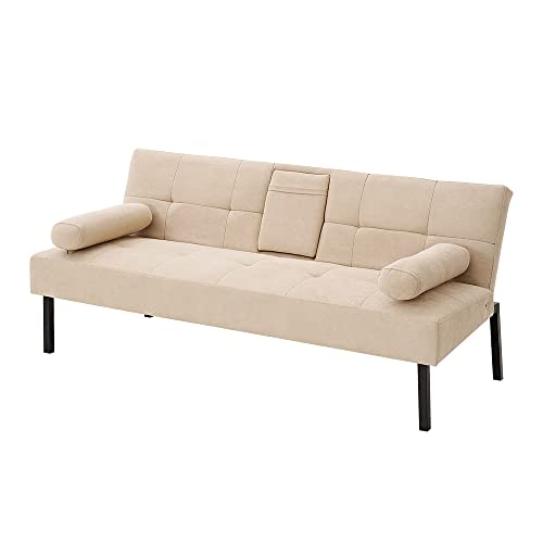 Panana Luckycloud Modern Couch Sofa 3-Seater Upholstered Fabric Sofa for Small Living Room, Dorm, Small Spaces (Beige Sofa Bed with Cup Holder)