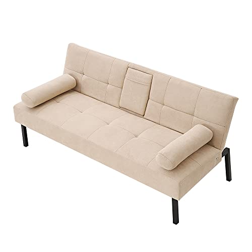 Panana Luckycloud Modern Couch Sofa 3-Seater Upholstered Fabric Sofa for Small Living Room, Dorm, Small Spaces (Beige Sofa Bed with Cup Holder)