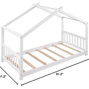 Merax Twin Kids Wood House Beds with Headboard and Footboard Floor Bed Frame for Boys,Girls, Easy Assembly (Twin, White)