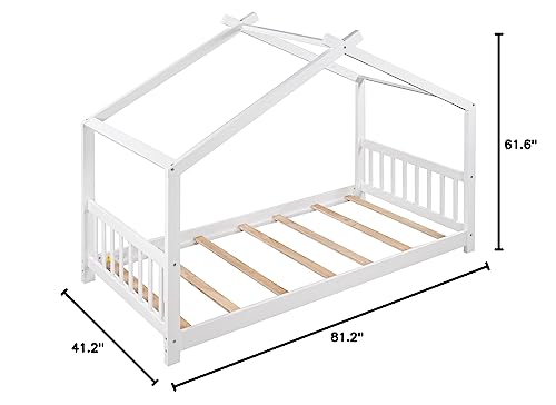 Merax Twin Kids Wood House Beds with Headboard and Footboard Floor Bed Frame for Boys,Girls, Easy Assembly (Twin, White)