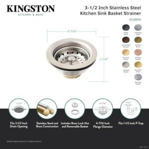 Kingston Brass K121BPB Fresno 3-1/2 Inch Stainless Steel Kitchen Sink Basket Strainer, Polished Brass