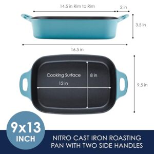 Rachael Ray NITRO Cast Iron Roasting Lasagna Pan/Baking Dish, Roaster/Rectangular, 9 Inch x 13 Inch, Agave Blue