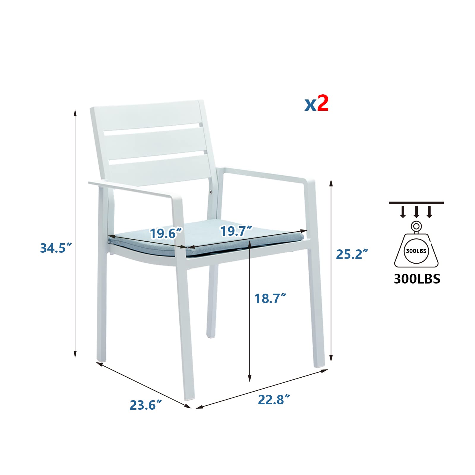 LebenLiebe Patio Dining Chairs Set of 2 Outdoor Stackable Dining Chair Aluminum Frame Outdoor Armchairs with Wide Seats for Backyard Garden,White Frame