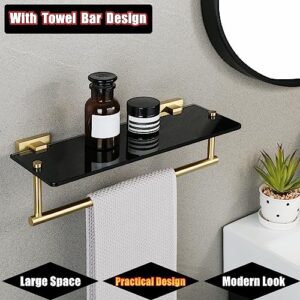 Alise Bathroom Shelves Glass Shelf with Bar,Wall Mount Floating Shelves for Bathroom,1 Tier Tempered Glass Holder Storage Organizer,SUS304 Stainless Steel Gold and Black