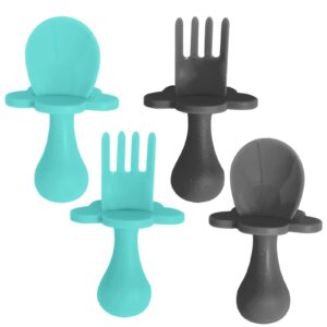 grabease baby spoons toddler utensils toddler silverware baby utensils, bpa-free & phthalate-free for baby & toddler, 2 sets, teal and gray