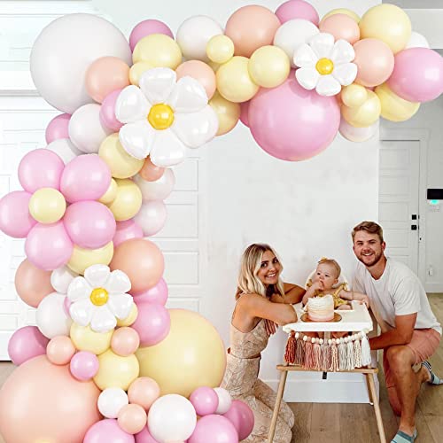 Daisy Flower Balloon Garland Arch Kit 137 pcs Groovy Flower Foil Balloons Boho Pastel Pink Yellow White Orange Birthday Party Decorations for Girls Bridal Baby Shower Wedding Carnival Holiday