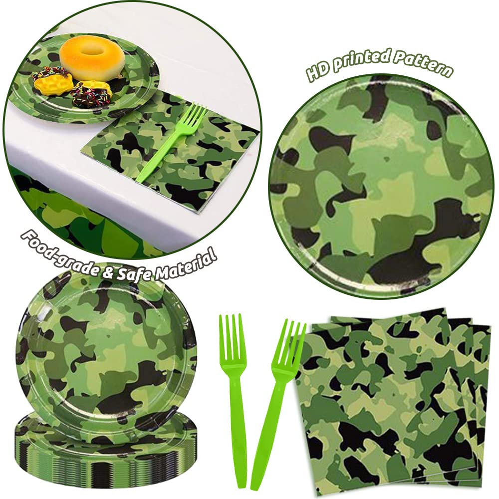 Camo Party Supplies Set for 16 Guests Camouflage Themed Army Military Party Tableware Include Plates Napkins Forks Tablecloth for Birthday Baby Shower Party Decorations