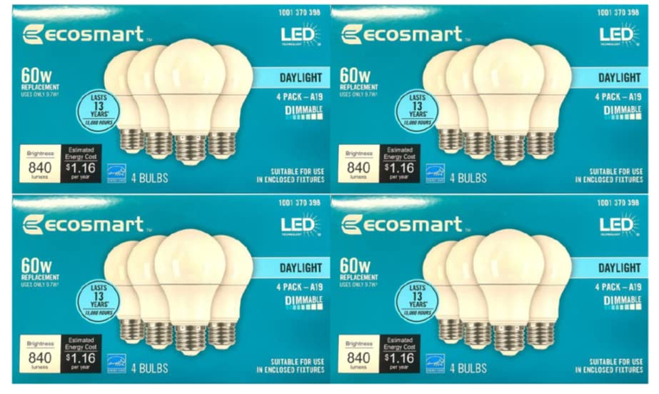 Led technology EcoSmart 60W Equivalent Daylight A19 Energy Star, Dimmable LED Light Bulb (16 Pack)