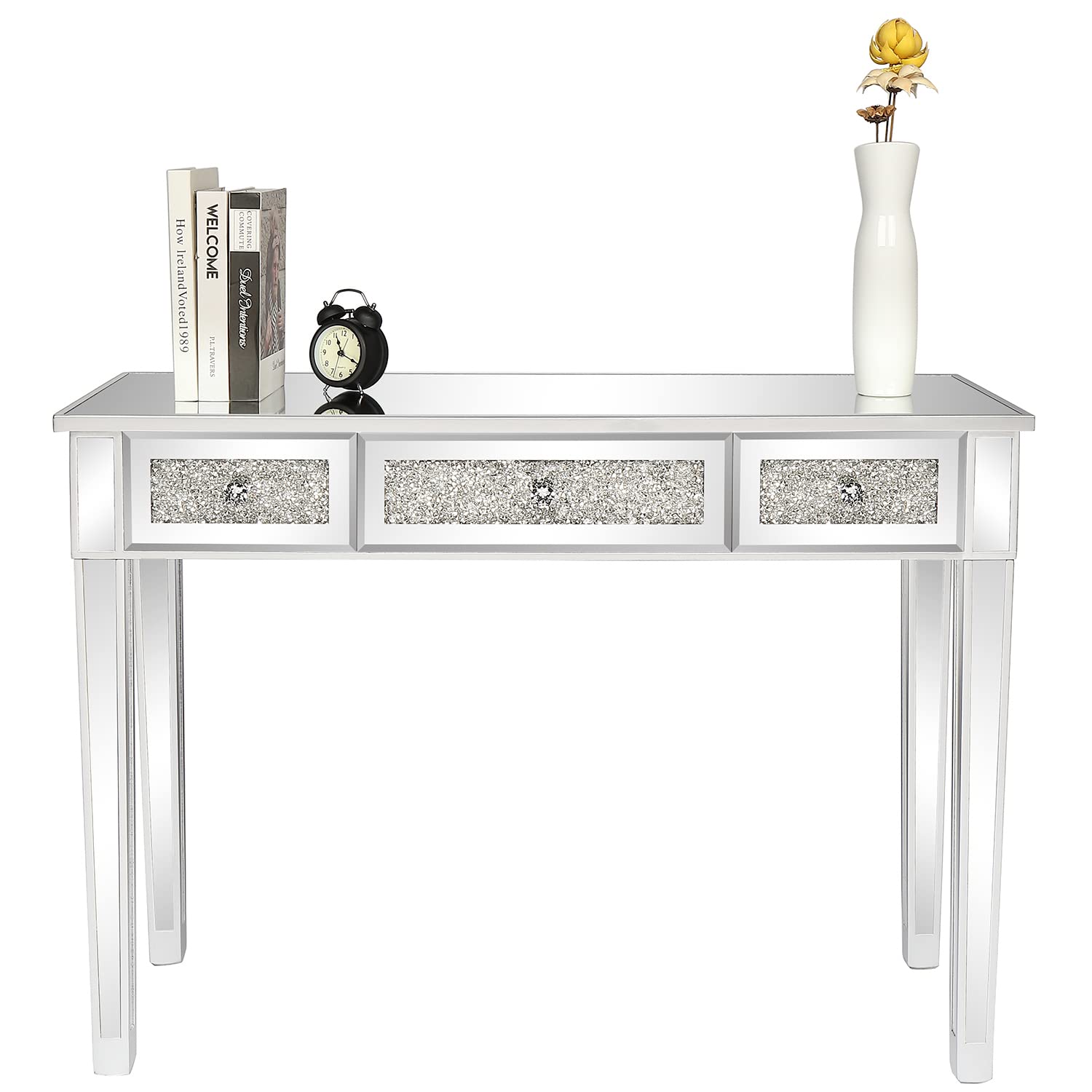 Karl home Mirrored Desk with 3 Drawers Silver Console Table Mirror Sofa Table with Crystal Inlay Front for Living Room, Entryway, Foyer, 42 Inch