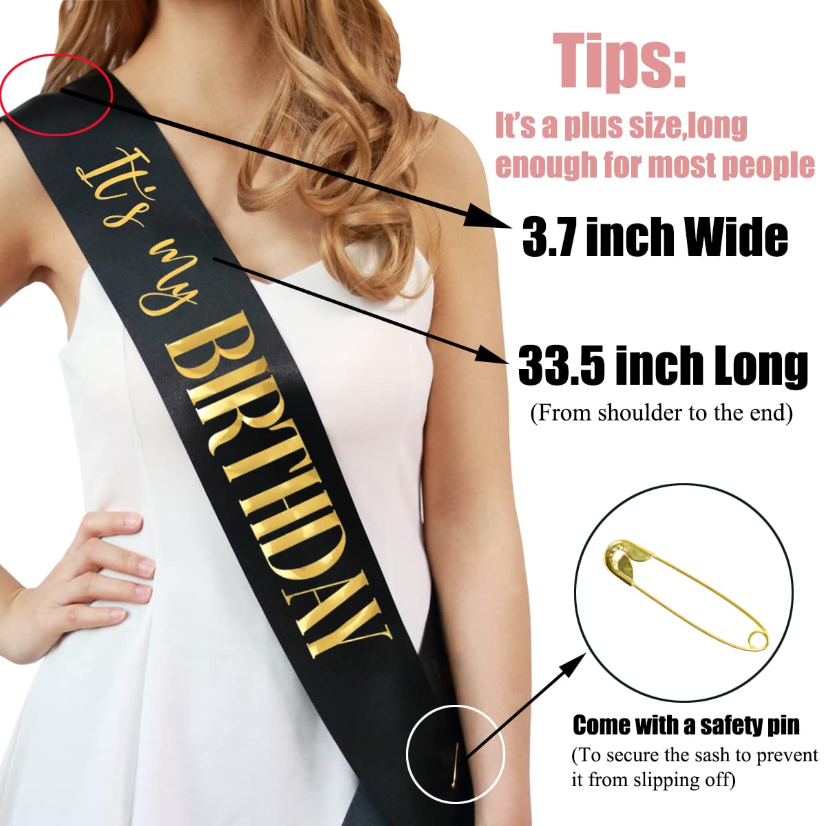 Docooniver 2 Pack It's my Birthday Sash for Women,Black and White Sashes with Gold and Rose gold Writing.