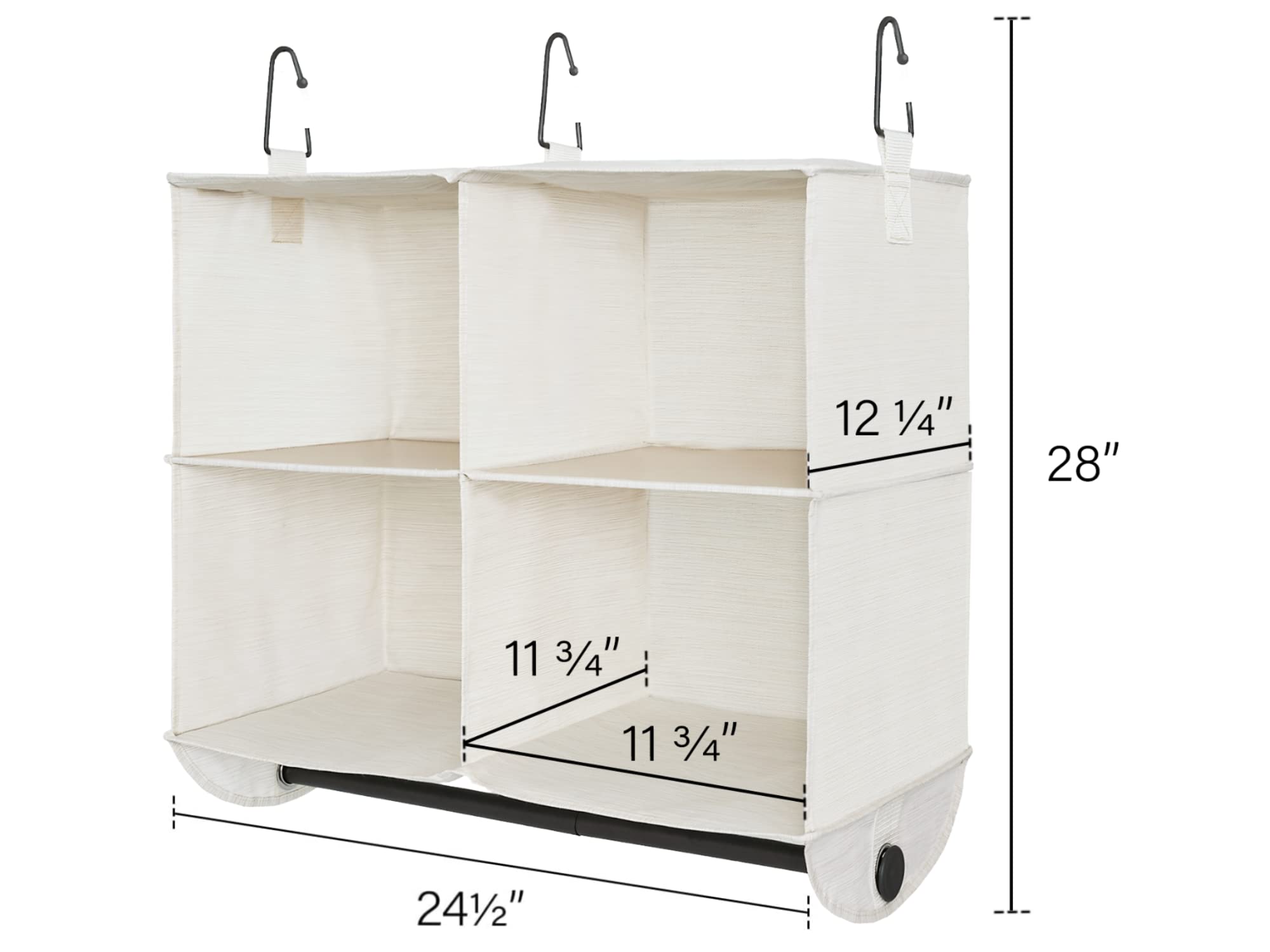 StorageWorks Hanging Closet Organizer with Garment Rod, 4 Section Closet Hanging Shelves, Hanging Clothes Cube Organizer, White & Ivory, 12 ¼" D x 24 ½" W x 28" H