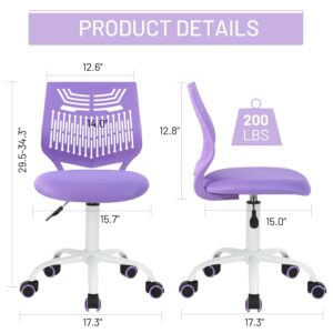 Kids Desk Chair, Armless Home Office Task Chair with Mesh Padded Cushion, Swivel Study Computer Chair with Rolling Wheels for Children Student, Purple