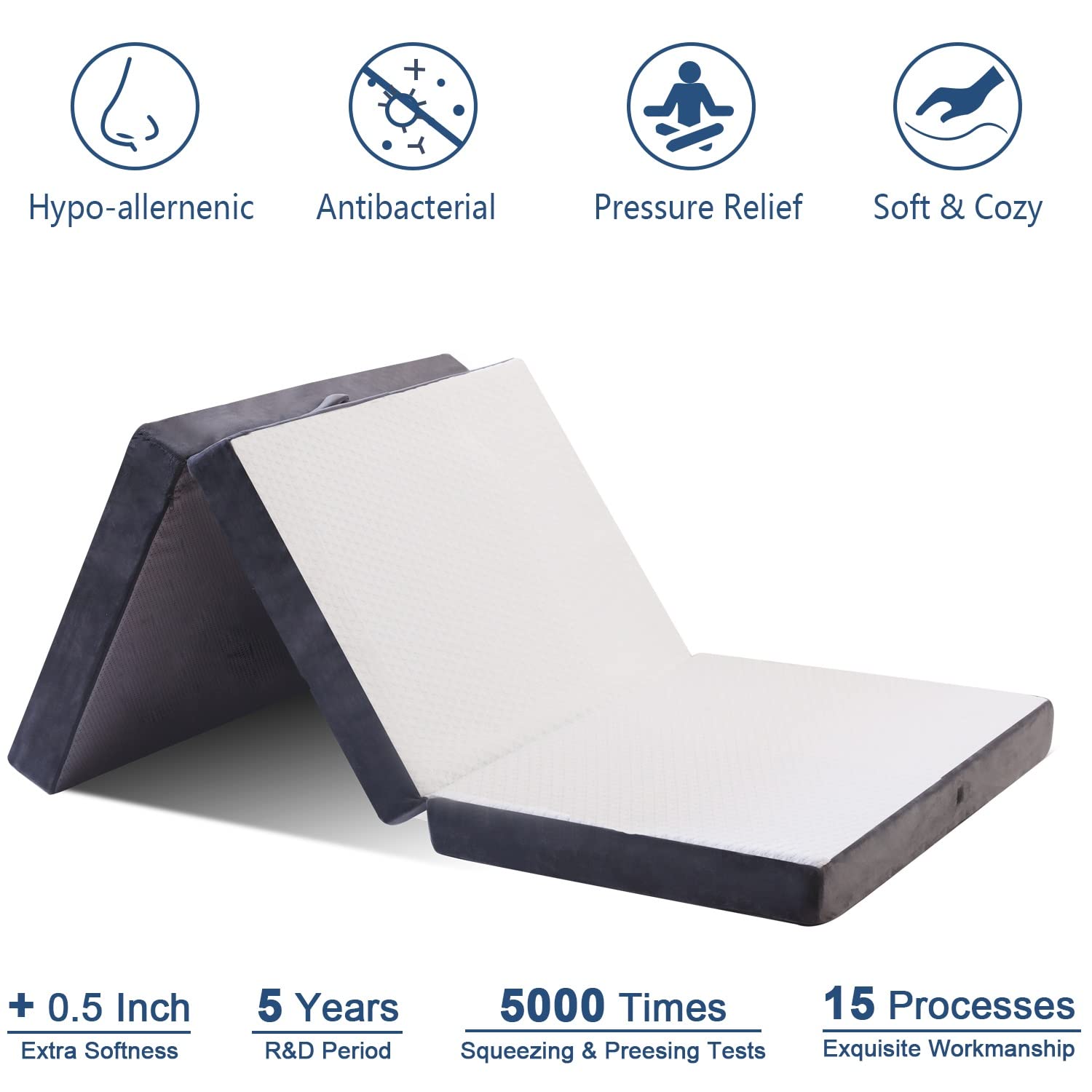 GOHOME Trifolding Mattress with Super Soft Removable Breathable Cover for Guest Children and Adults, Foldable Sofa Bed Floor Mattress with Non-Slip Bottom for Back Pain Relief, Twin XL 38"x78"x6"