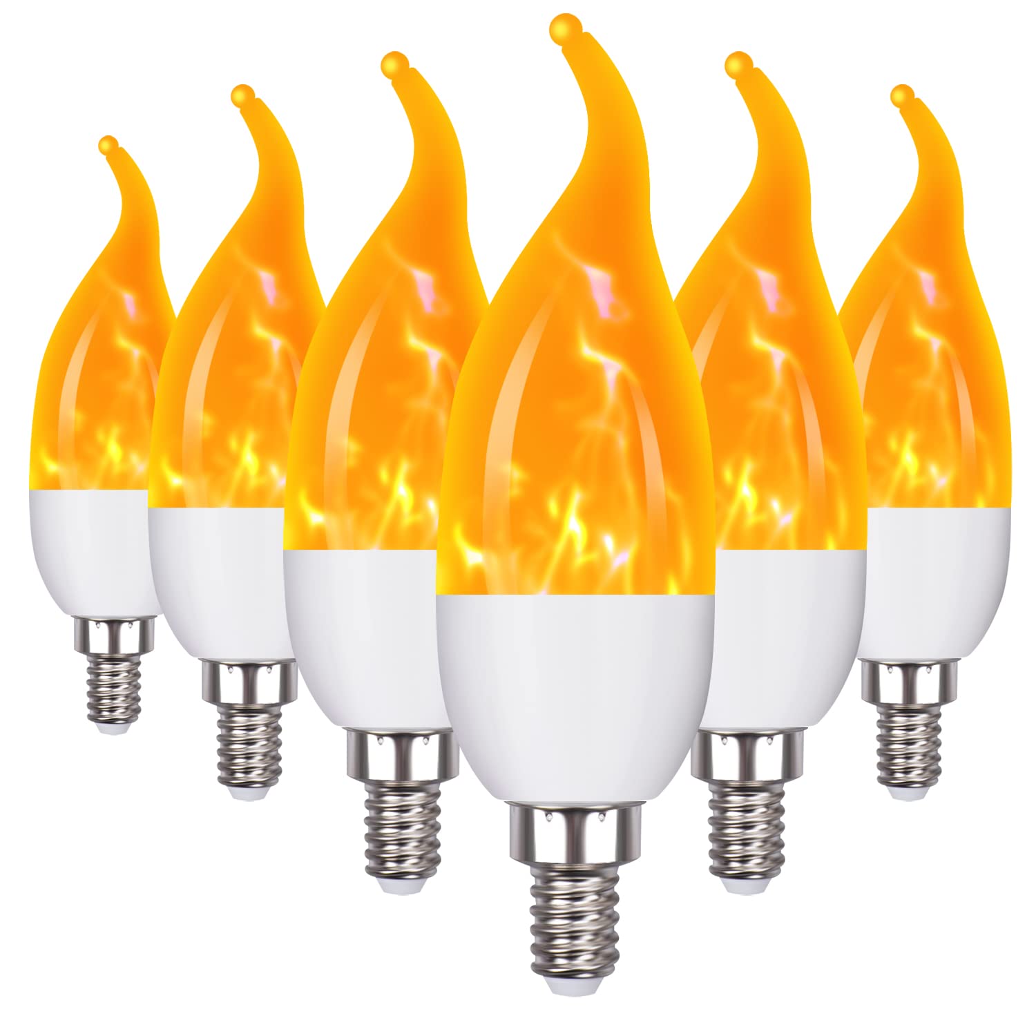 OHLGT E12 Flame Bulbs 6 Packs, 3 Mode LED Candelabra Flame Light Bulb 2.0 Watt Warm White Chandelier Flame Bulbs,1800k Candle Light Bulbs, Flame Tip for Christmas Party Decorations