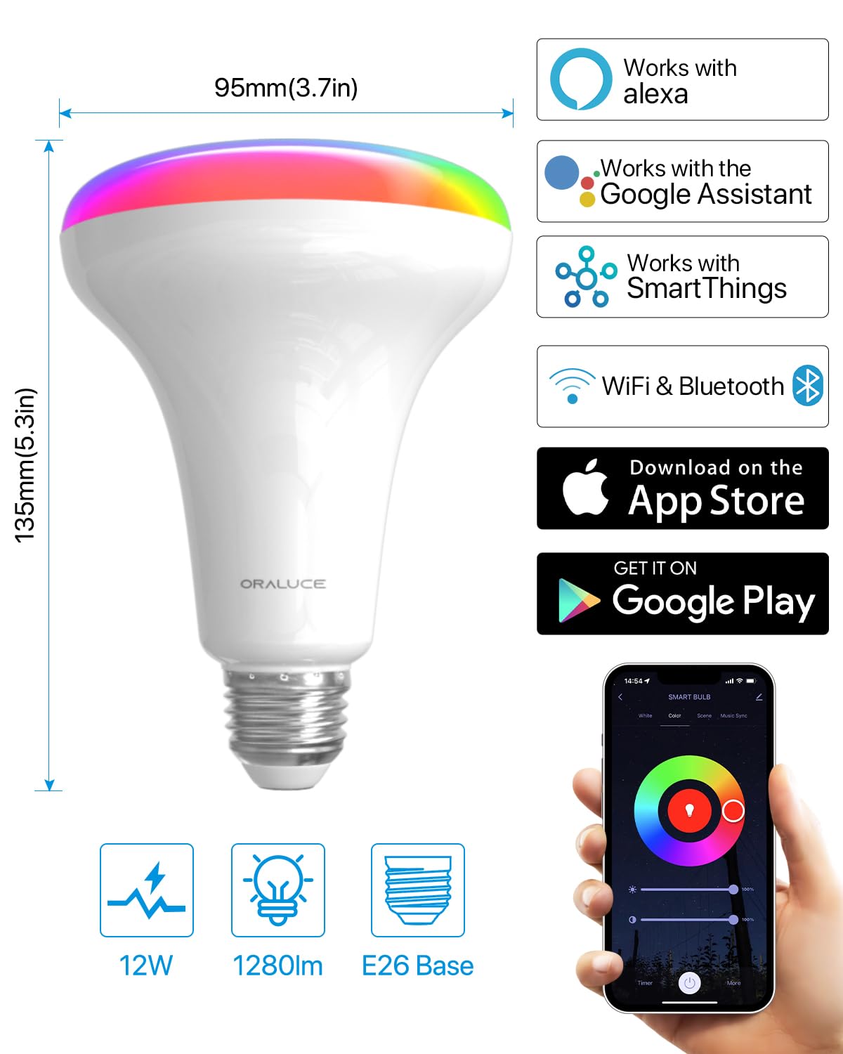 ORALUCE Smart BR30 Bulb, LED Flood Light Bulbs, Works with Alexa Google Assistant, 12W 100W Equivalent, 1280 Lumens, RGBCW 2700-6500K Color Changing Recessed Light Bulbs for Cans, E26 Base, 4 Pack