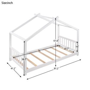 Merax Twin Kids Wood House Beds with Headboard and Footboard Floor Bed Frame for Boys,Girls, Easy Assembly (Twin, White)