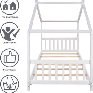 Harper & Bright Designs Twin House Bed for Kids, Floor Bed Frame Twin with Headboard and Footboard, Wooden Twin Kids Bed Montessori Floor Bed for Toddlers, Girls, Boys,White