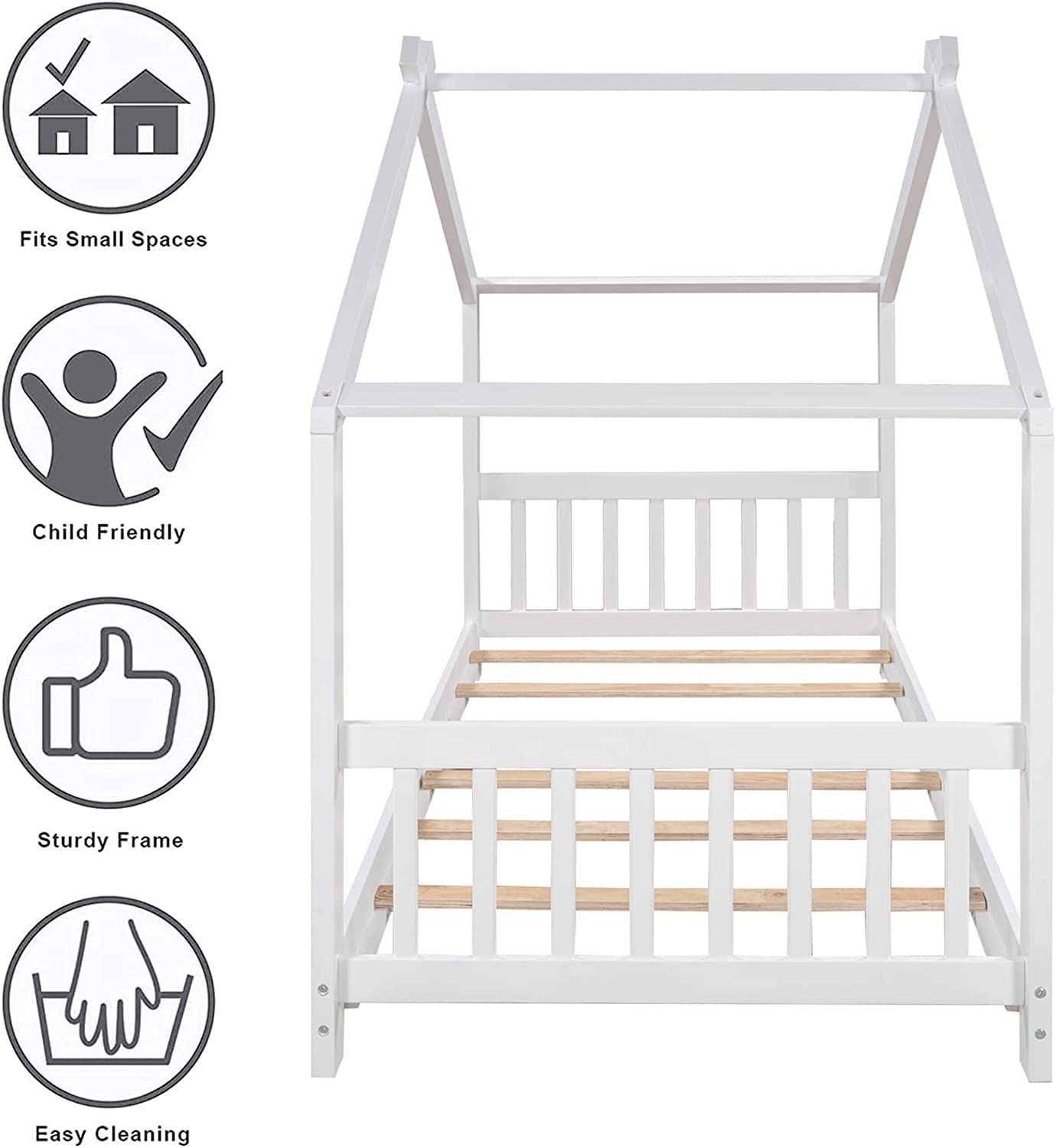 Harper & Bright Designs Twin House Bed for Kids, Floor Bed Frame Twin with Headboard and Footboard, Wooden Twin Kids Bed Montessori Floor Bed for Toddlers, Girls, Boys,White