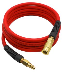 yotoo hybrid lead-in air hose 1/4-inch by 10-feet 300 psi heavy duty, lightweight, kink resistant, all-weather flexibility with bend restrictors, 1/4" industrial quick coupler and plug, red