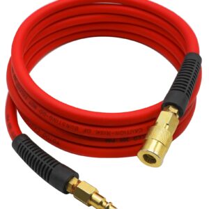 YOTOO Hybrid Lead-in Air Hose 1/4-Inch by 10-Feet 300 PSI Heavy Duty, Lightweight, Kink Resistant, All-Weather Flexibility with Bend Restrictors, 1/4" Industrial Quick Coupler and Plug, Red