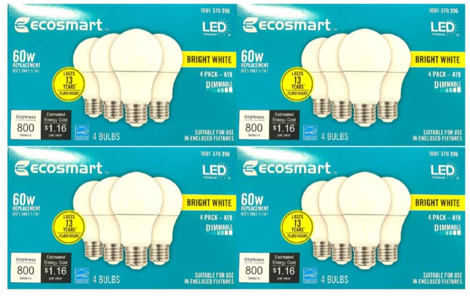 Led technology EcoSmart 60W Equivalent Bright White A19, Dimmable LED Light Bulb (16 Pack)