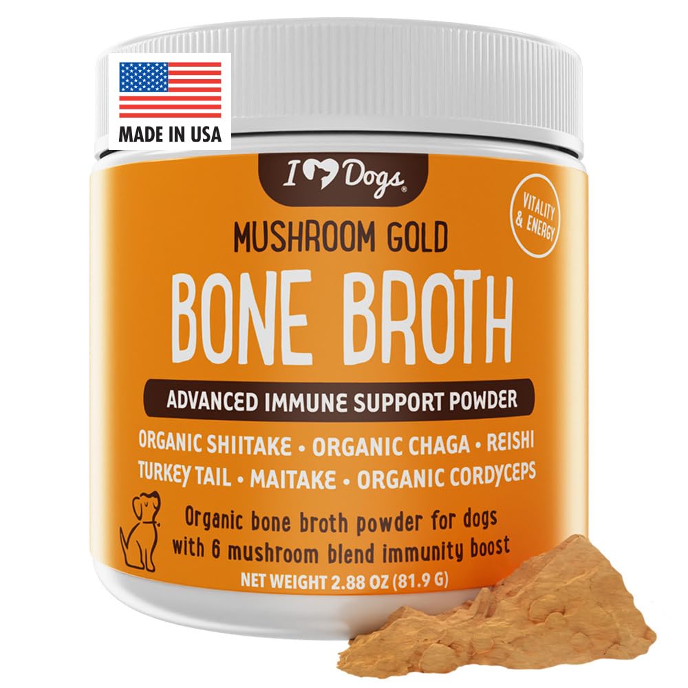 iHeartDogs Bone Broth for Dogs - Bone Broth & Mushroom Gold Powder Supplement for Immune System Support, Improved Mobility & Flexibility and Natural Detox - Turkey Tail Mushroom for Dogs