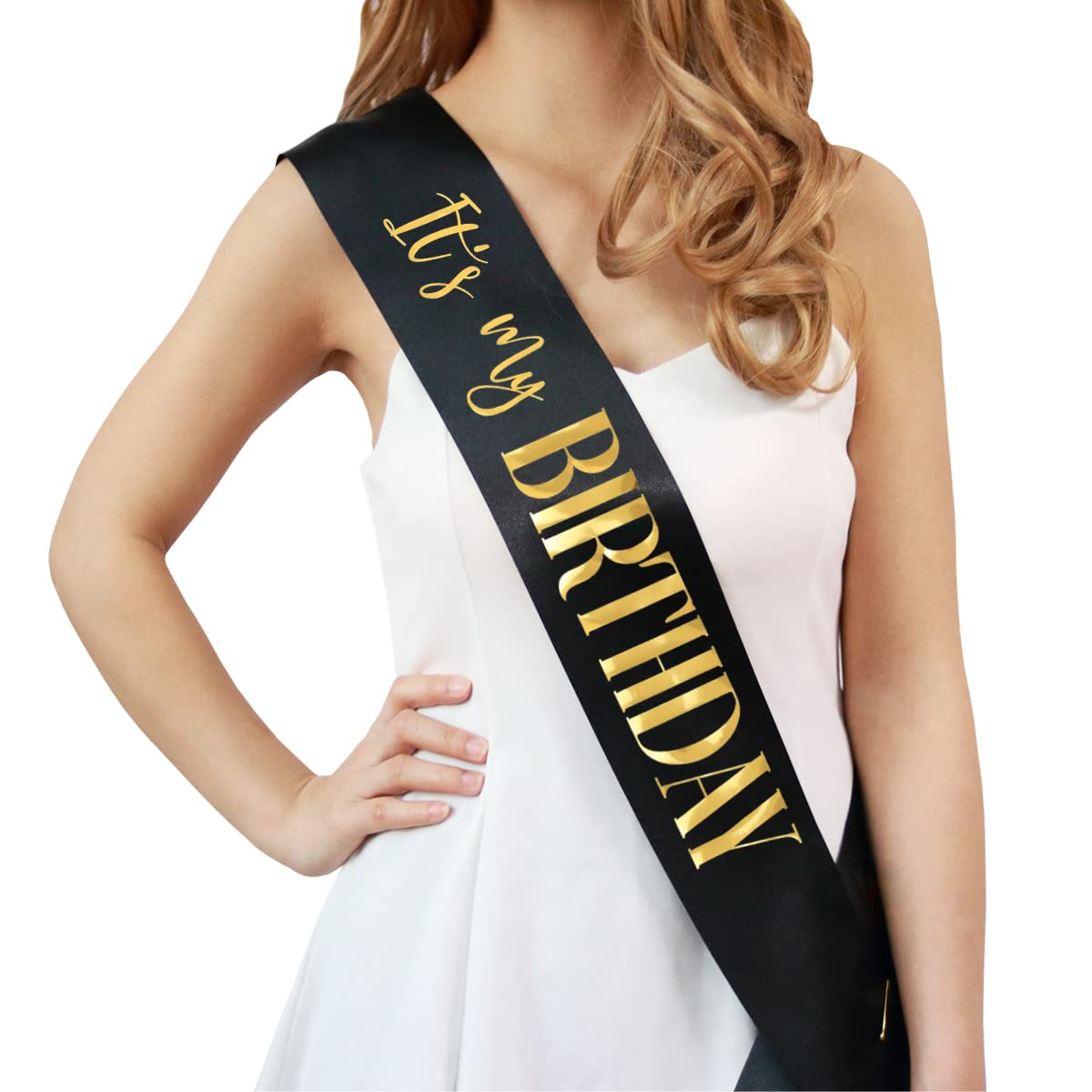 Docooniver 2 Pack It's my Birthday Sash for Women,Black and White Sashes with Gold and Rose gold Writing.