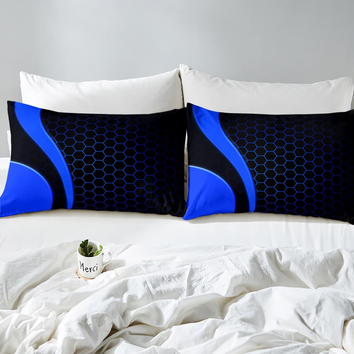 Geometry Bedding Set Geometry Honeycomb Comforter Cover for Kids Boys Girls Teens Hexagonal Geometrical Blue Black Duvet Cover Breathable Beehive Bedspread Cover Room Decor Quilt Cover Queen Size