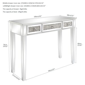 Karl home Mirrored Desk with 3 Drawers Silver Console Table Mirror Sofa Table with Crystal Inlay Front for Living Room, Entryway, Foyer, 42 Inch