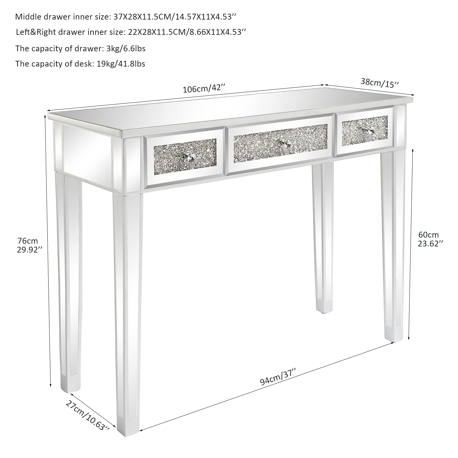 Karl home Mirrored Desk with 3 Drawers Silver Console Table Mirror Sofa Table with Crystal Inlay Front for Living Room, Entryway, Foyer, 42 Inch