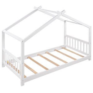 Merax Twin Kids Wood House Beds with Headboard and Footboard Floor Bed Frame for Boys,Girls, Easy Assembly (Twin, White)