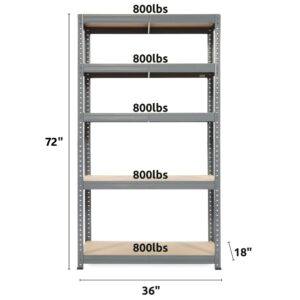 Trestles 36 x 72" Multipurpose 5 Tier Adjustable Storage Metal Frame Shelving Unit Boltless Utility Rack for Warehouses and Garages, 800 lb Capacity