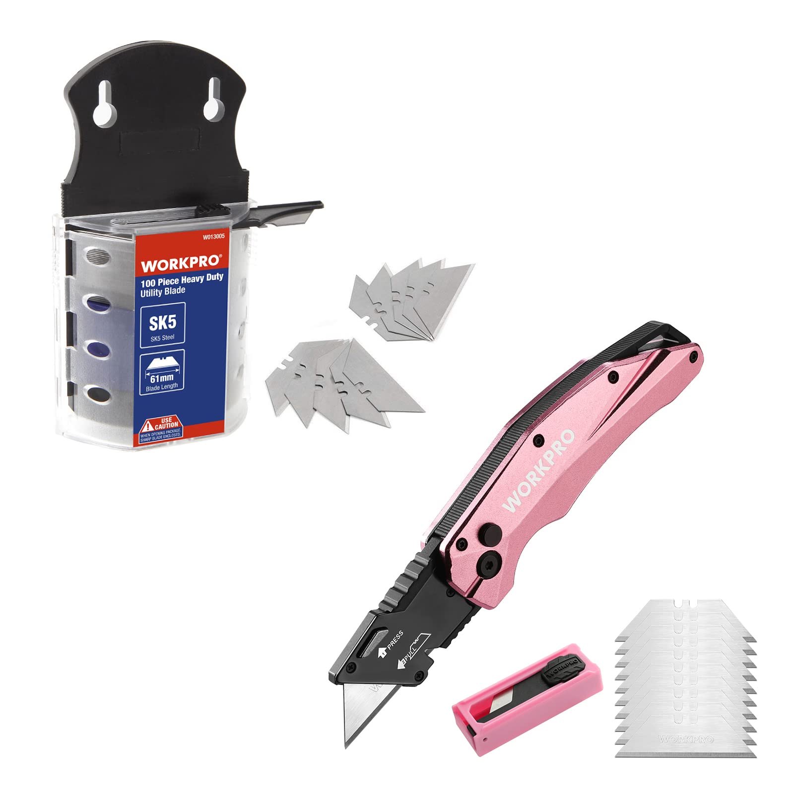 WORKPRO Utility Knife Blades, SK5 Steel, 100-Pack with Dispenser and Pink Folding Utility Knife, 10 Extra Blades Included