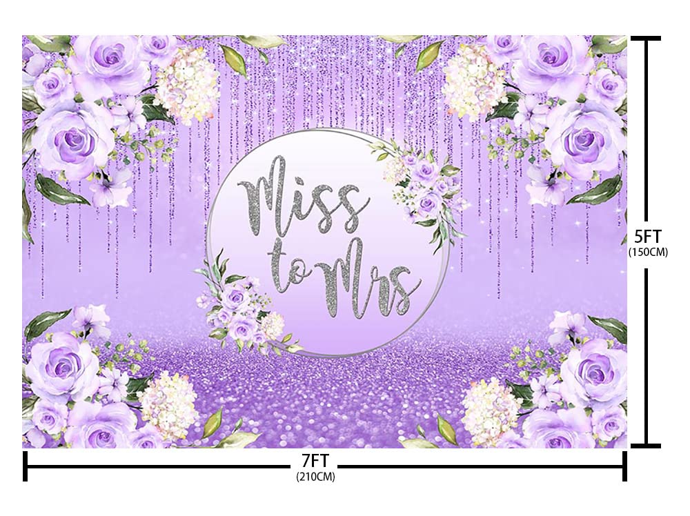 AIBIIN 7x5ft Miss to Mrs Backdrop for Bridal Shower Party Decorations Purple Glitter Floral Wedding Bride to Be Engagement Silver Shiny Bokeh Banner Photography Background Cake Table Photo Shoot Props